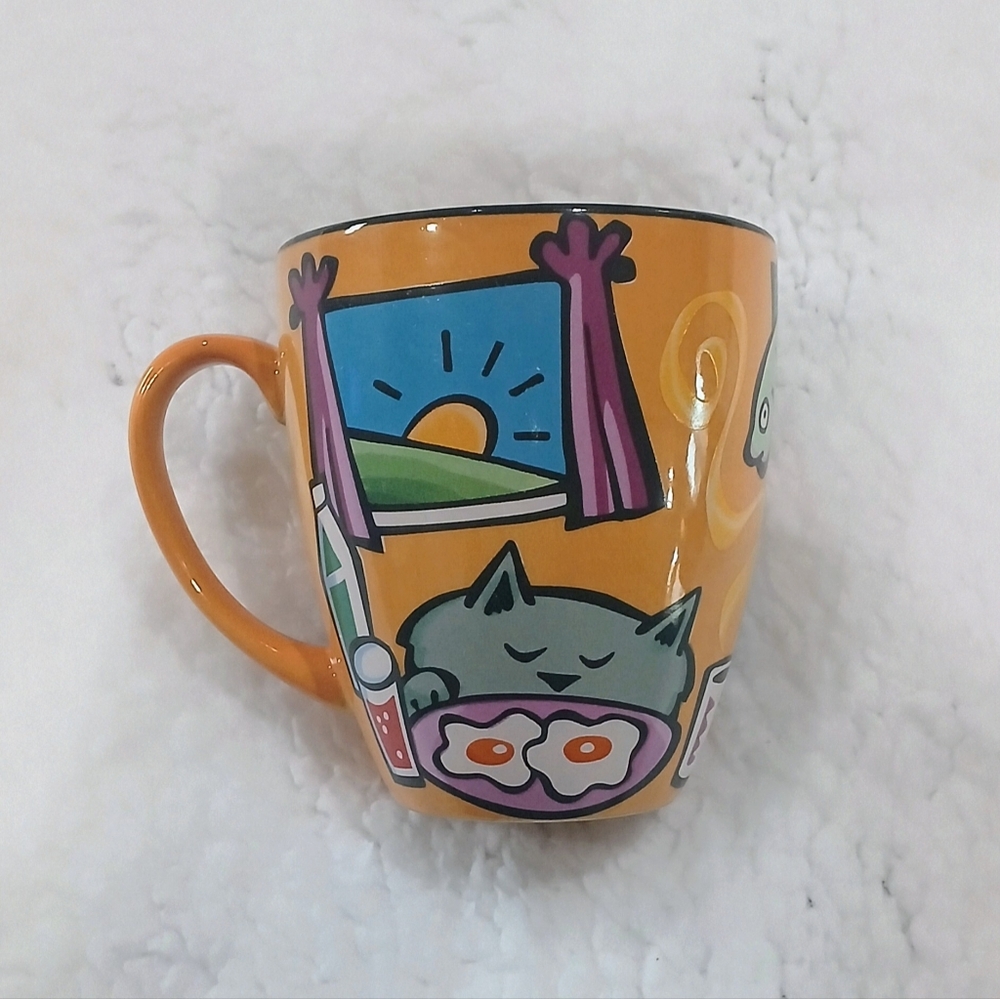 "House Kats" Collectible Coffee Mug. Whimsical design:cat,sunrise scene,fish,egg